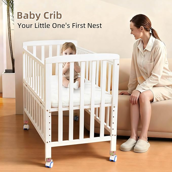 Baby Bassinets Bedside Sleeper - Portable Pine Wood Bedside Bassinet,6 Heights Small Mini Crib with Mattress,Space-Saving Design Baby Crib for Newborns 0-12 Months,White