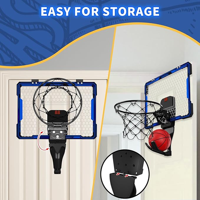Remote Control Basketball Hoop Indoor with 7 LED Lighting, Mini Basketball Hoop with Electronic Scoreboard, 3 Modes, Over Door Basketball Hoop, Basketball Toys Sport Gifts for Kids, Adults (Blue)