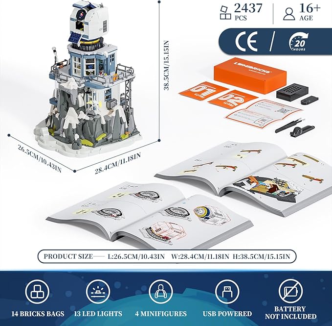 Alpine Observatory Lighting Building-Bricks Set with The Galaxy Projector, 2437 Pcs Space Themed Room Decor for Astronomy and Space Lovers