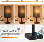 Touch Bedside Table Lamp for Nightstand - 3-Way Dimmable Night Lamp with USB A + Type C Charging Ports and Two AC Outlets, Small Desk Light with E26 LED Bulb for Bedroom Living Room Dorm Office,Black