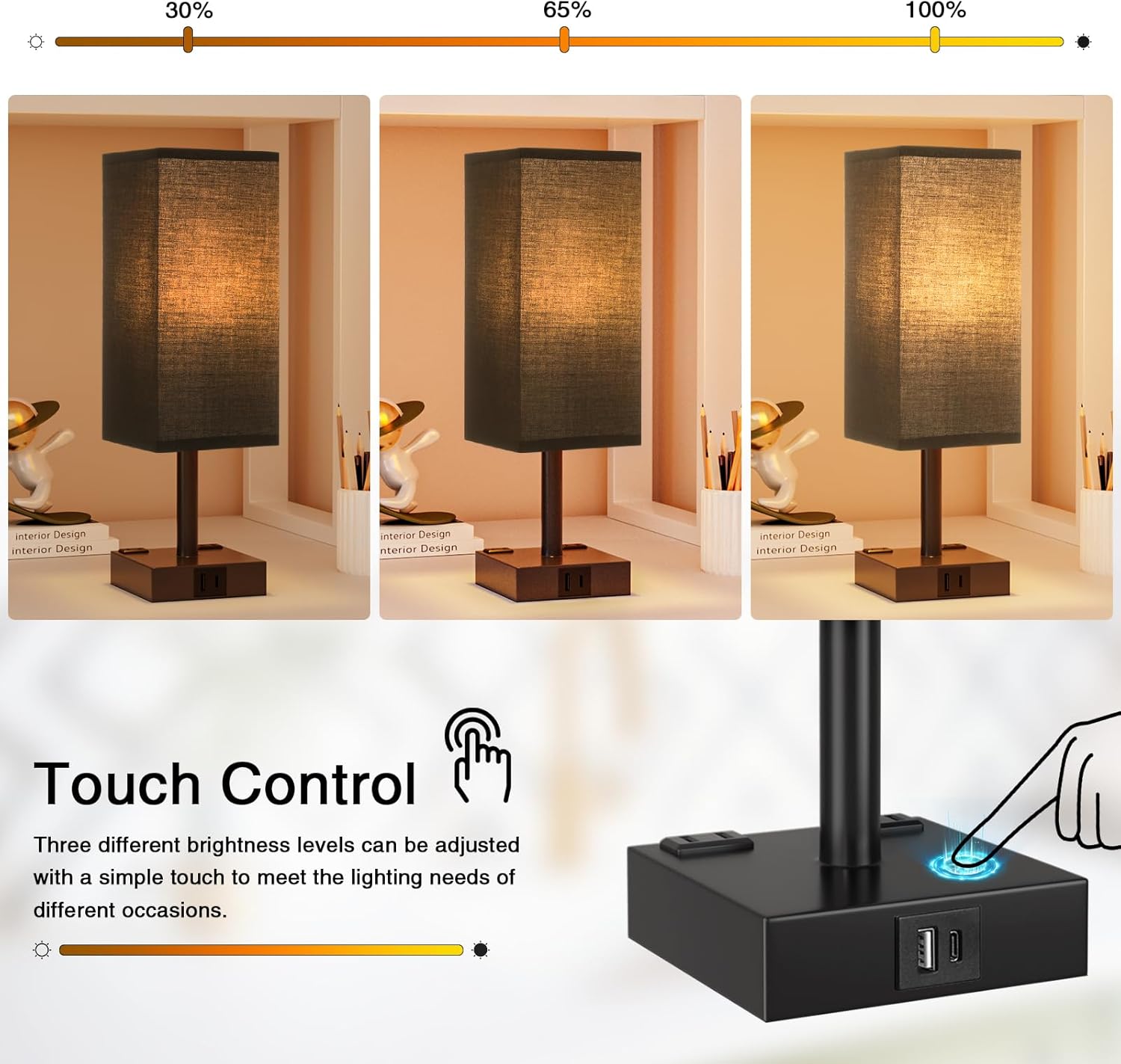 Touch Bedside Table Lamp for Nightstand - 3-Way Dimmable Night Lamp with USB A + Type C Charging Ports and Two AC Outlets, Small Desk Light with E26 LED Bulb for Bedroom Living Room Dorm Office,Black