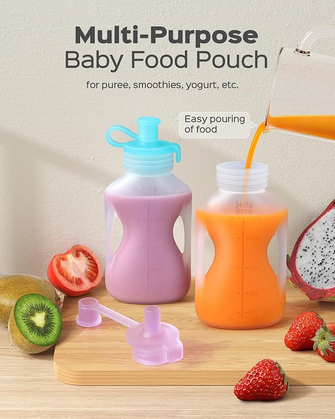 Silicone Reusable Baby Food Pouches with Straws, 2 Pack Leakproof Refillable Squeeze Pouches, Dishwasher, Freezer, Microwave Safe, 5OZ Baby Food Storage for Homemade Puree, Yogurt