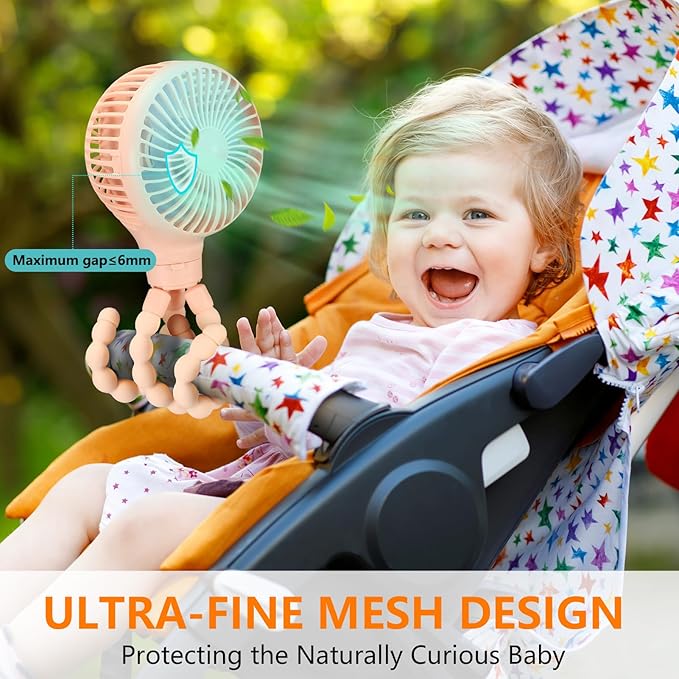 snawowo Mini Portable Baby stroller Fan, Auto Oscillating Battery Operated Personal Small Handheld Fan with Flexible Tripod, Rechargeable Clip On for Car Seat Crib Treadmill Travel Camping Pink
