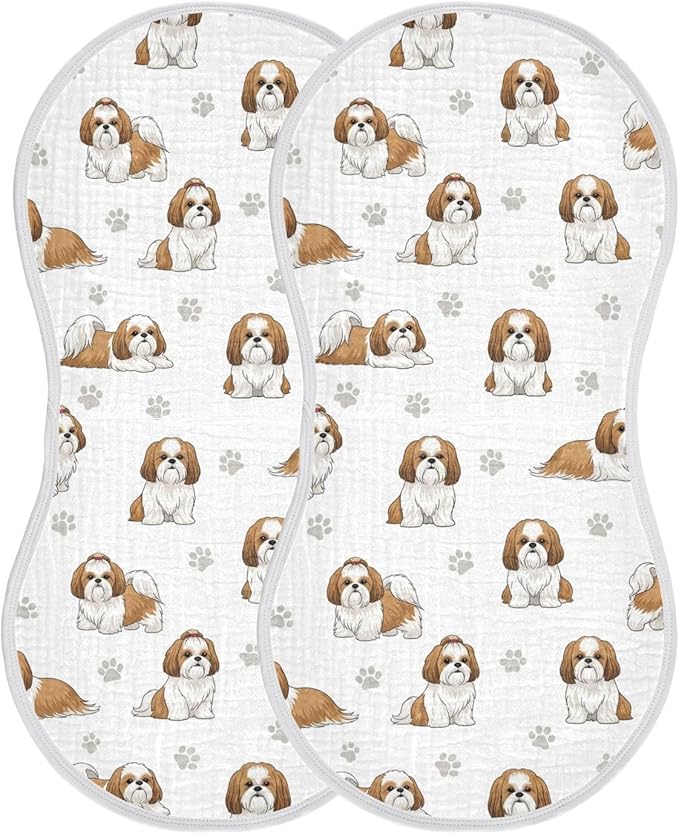 2 Pack Muslin Burp Cloths Shih Tzu Dogs White Cotton Baby Burp Cloths Ultra Absorbent and Soft Thick Burping Cloth for Newborn Must Haves 22x11 Inch