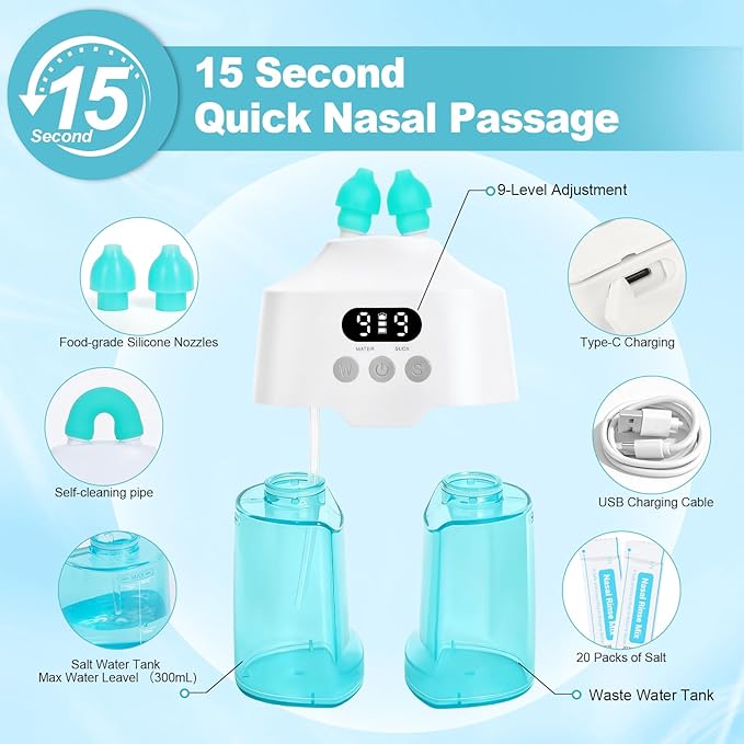 Nasal Irrigation System Electric Nasal Sinus Rinse Machine with Smart Display Screen, Dual Water Tanks, 9 Suction & Water Flow Modes, Nasal Irrigator for Allergies/Nasal Congestion/Runny Nose