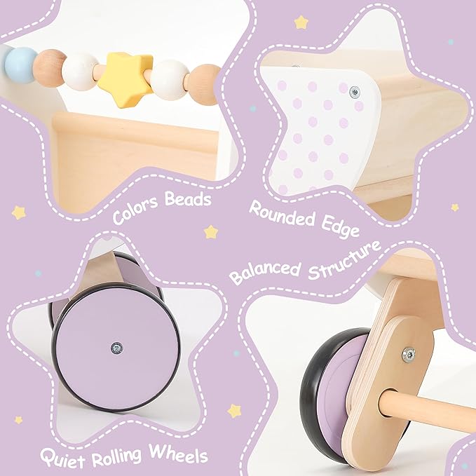 Wooden Baby Walker & Doll Stroller – Adjustable Handle Push Cart, Anti‑Tip, Quiet Wheels, Pretend Shopping Cart – Montessori Wooden Walker for Babies, Doll Stroller for Toddlers 12m+