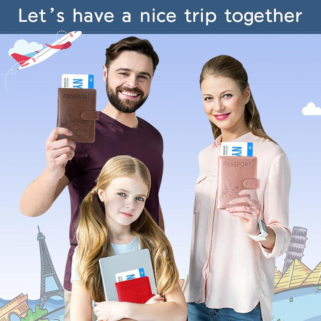 Passport Holder and Card Slot Combo RFID Blocking Leather Family Travel Passport Wallet Travel Accessories for Men Women US Passport Cover Protector (Travel pink)