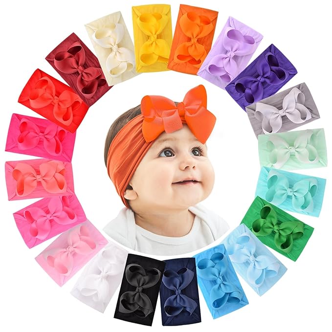 doboi 20pcs Baby Headbands and Hair Bows Set - 4 Inches Nylon Headbands with Bows for Newborns, Infants, Toddlers and Girls