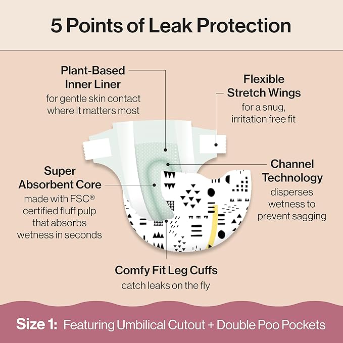 The Honest Company Clean Conscious Diapers for Delicate Skin | Up to 100% Leakproof | Hypoallergenic, Fragrance Free | Gender Neutral | Club Box, Size 1 (8-14 lbs), 78 Count (Prints May Vary)
