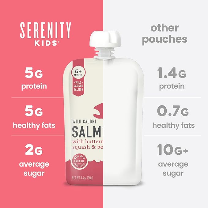 Serenity Kids 6+ Month Salmon Baby Food Pouches - Wild-Caught Salmon & Organic Butternut Squash & Beet Puree - BPA-Free Food Pouches for Baby - 3.5 Oz, 12 Pack