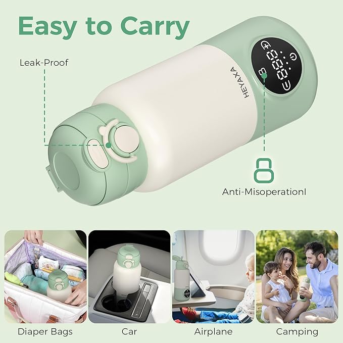 Portable Bottle Warmer for Travel, 15oz Capacity Baby Bottle Warmer with Fast Heating, 12000mAh Battery & Fast Charger, Pasteurization for Hygiene, Precise Temp Control, Leak-Proof (Green)