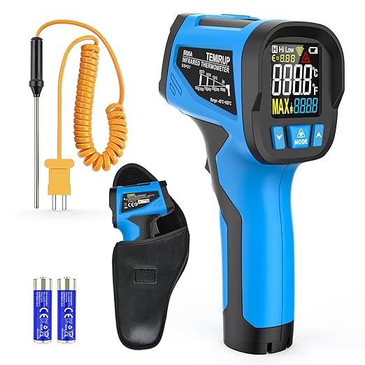 Infrared Thermometer Temperature Gun - TEMIRUP Non-Contact Digital Laser Thermometer Temp Gun with Thermocouple Probe for Industrial, Cooking, Griddle, Engine, HVAC, Adjustable Emissivity,-40℉~1202℉
