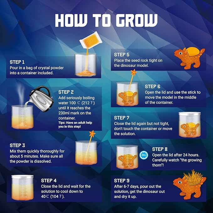 XXTOYS Crystal Growing Kit for Kids - 3 Vibrant Colored Dinosaurs to Grow - Science Kits for Kids Age 6-8, Great Gifts Toys for Boys & Girls 8-12, STEM Projects for Kid