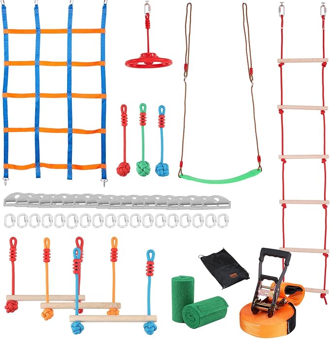 VEVOR Ninja Warrior Obstacle Course for Kids, 1 x 50 ft Weatherproof Slacklines, 500lbs Weight Capacity Monkey Line, Outdoor Playset Equipment, Backyard Toys Training Equipment Set with 10 Obstacles