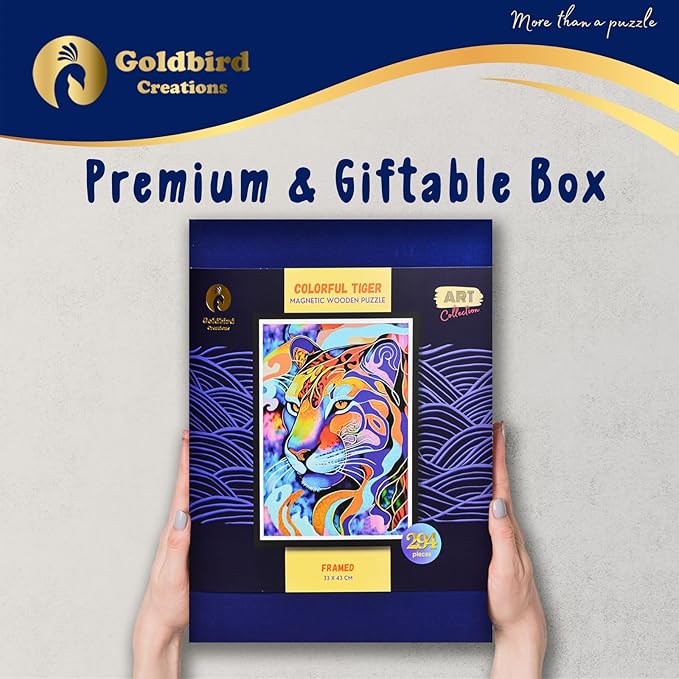 Magnetic Wooden Jigsaw Puzzles with Frame for Adults - Wooden Puzzle Wall Art - Landscape Lazer Wood Cut Puzzles - Rompecabezas para Adultos - Christmas & Birthday Gift (Colorful Tiger)