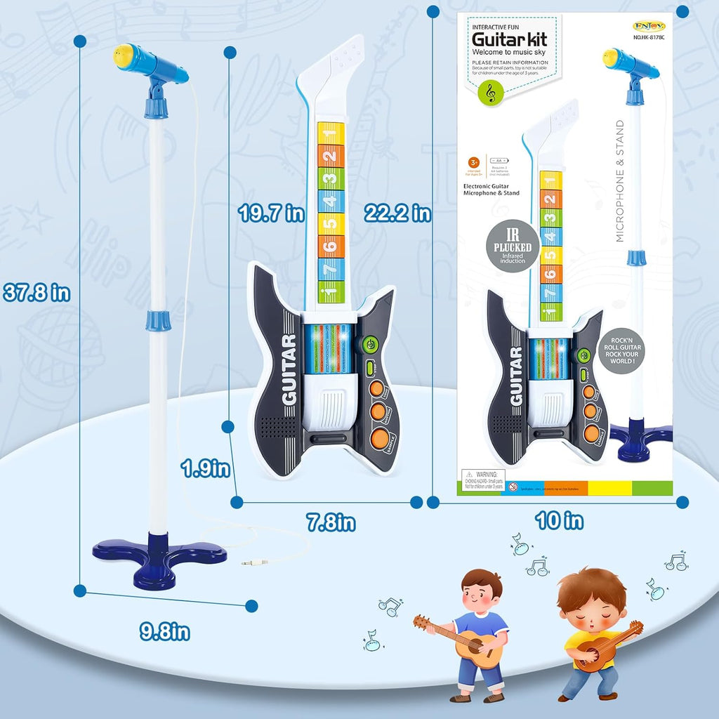 deAO Kids Guitar and Microphone Set with Stand Adjustable Height Music Light Karaoke Music Toys Christmas Birthday Gift for Kids Boys Girls (Black)