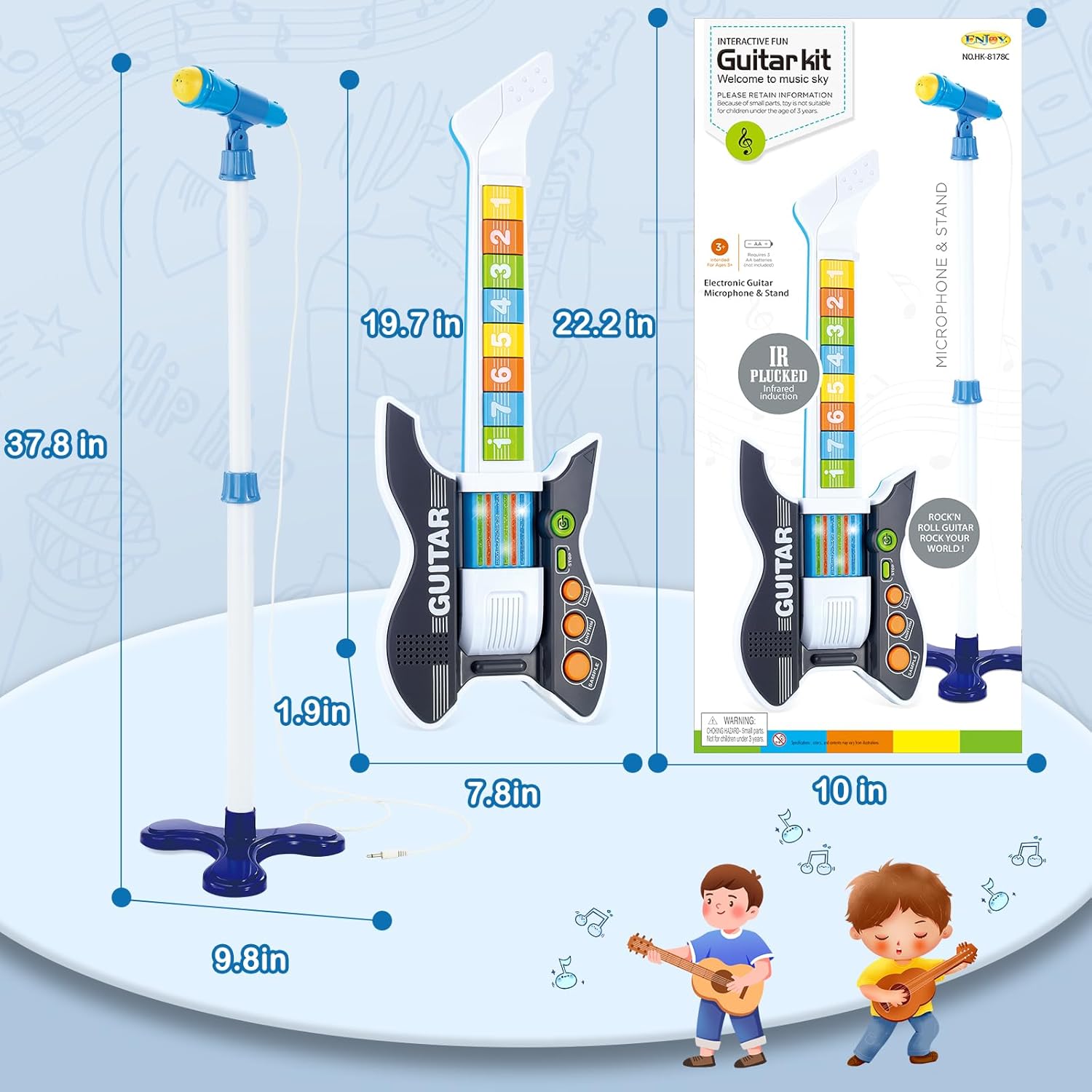deAO Kids Guitar and Microphone Set with Stand Adjustable Height Music Light Karaoke Music Toys Christmas Birthday Gift for Kids Boys Girls (Black)