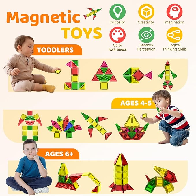 Mini Magnetic Tiles, 46PCS Travel Magnetic Tiles with Case, STEM Educational Building Set Construction Toys for Kids Ages 3+, Portable Building Toys for Toddlers, Boys & Girls Birthday Gift
