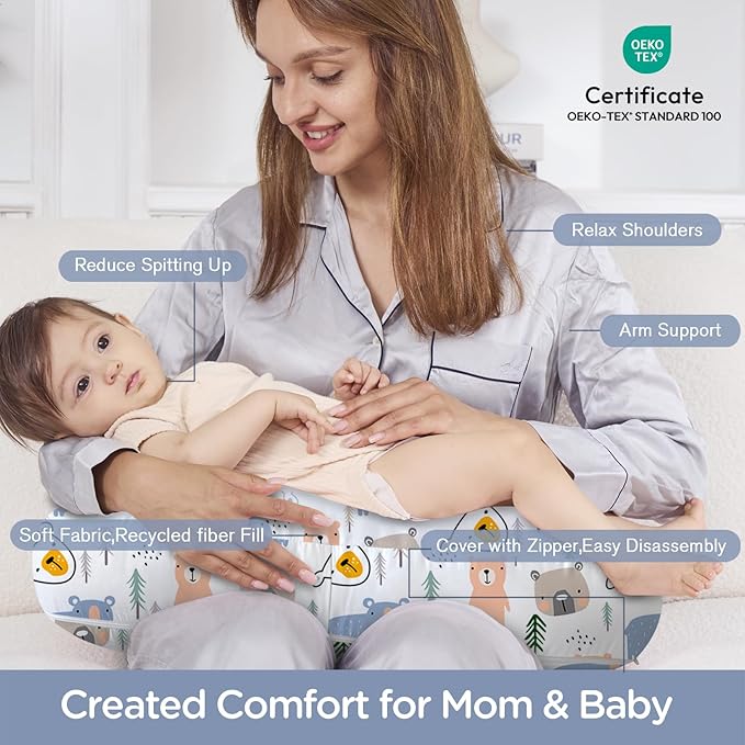 Little Grape Land Nursing Pillow,Upgraded Breast Feeding Pillow for Mom,Breastfeeding & Bottle Feeding for 0–18 Months, Soft Machine Washable Cover with Firm Breathable Filling, Tummy Time,Bear