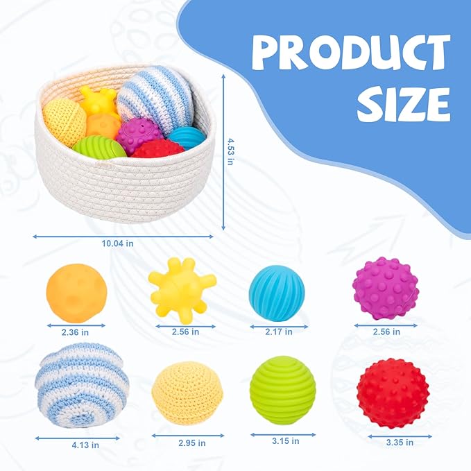 Adena Montessori 8 Pack Sensory Balls for Toddlers 1-3,Sensory Baby Toys 6-12 Months,Infant Educational Squeeze Sensory Toy Soft Multi Ball Set Gifts with Bright Color Textured with White Woven Basket