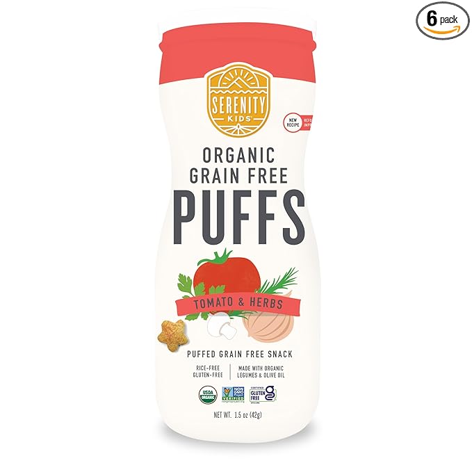 Serenity Kids 6+ Months Grain-Free Allergen-Safe Puffs for Toddlers & Babies - No Grains, Gluten, Nuts, Rice - Organic Veggies, Legumes, Olive Oil, Tomato & Herbs - 6 Count - Can Of Puffs
