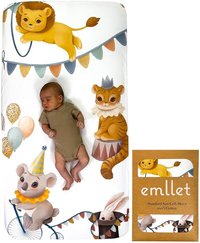 100% Cotton Fitted Crib Sheet – “Carnival Fun” Circus Theme Nursery Bedding, Colorful Baby Crib/Toddler Sheet (Standard Size)