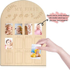 My First Year Photo Display Wood Board Baby's First Year Photo Frame Milestone Board 12 Months Baby Picture Frame 1st Birthday Nursery Decorations for Boy Girl Baby Keepsake Gift for Mom (2" x 3" photos - Wallet Size)