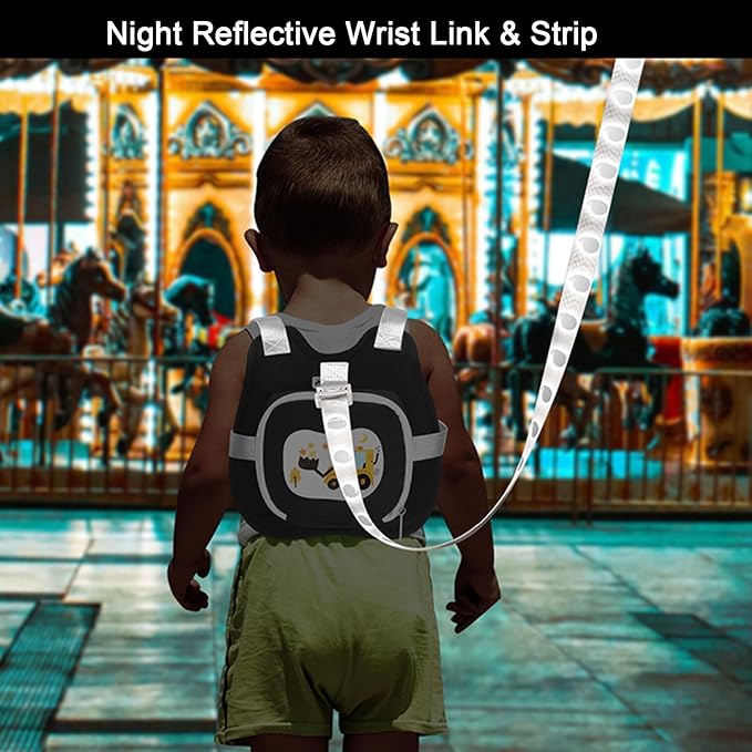 Accmor Toddler Harness Leash, Cute Excavator Child Walking Harness Tether Wristband Assistant Strap Belt Protector for Baby Boys, Collapsible Kids Leash + Anti Lost Wrist Link for Outdoor Travel Black