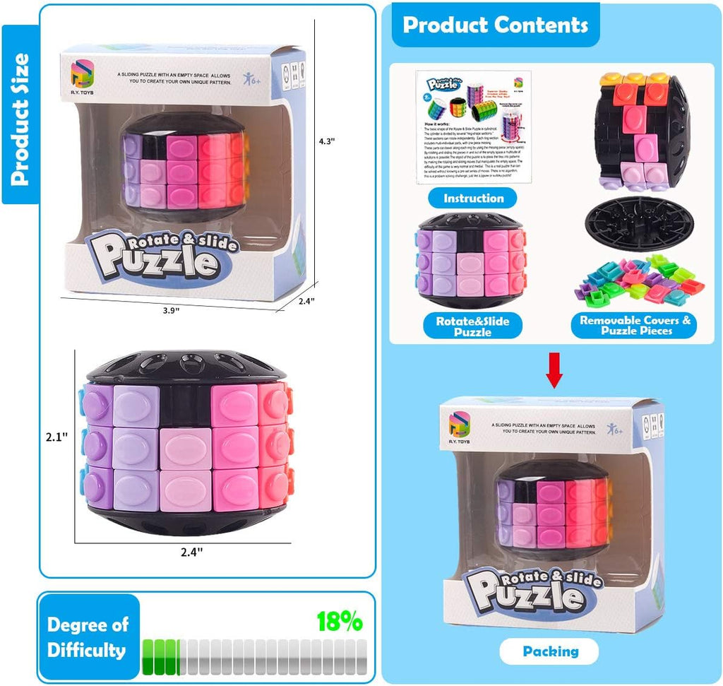 R.Y.TOYS Rotate and Slide Puzzle-Design Patent,Fidget Toys(Restore Order/Create Patterns) 12 Colors,3 Layers-Open Cover for Quick Play,Brain Teaser,Sensory Toys,Birthday Gifts,Easter Basket Stuffer