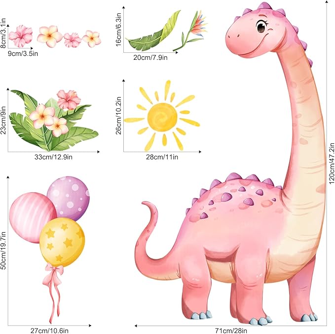 Large Pink Dinosaur Wall Decals Cartoon Dino Balloon Flower Wall Stickers Peel and Stick Wall Art Decor for Girls Baby Nursery Kids Bedroom Playroom Classroom Toddlers Wall Decor