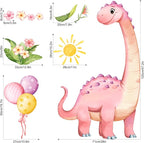 Large Pink Dinosaur Wall Decals Cartoon Dino Balloon Flower Wall Stickers Peel and Stick Wall Art Decor for Girls Baby Nursery Kids Bedroom Playroom Classroom Toddlers Wall Decor