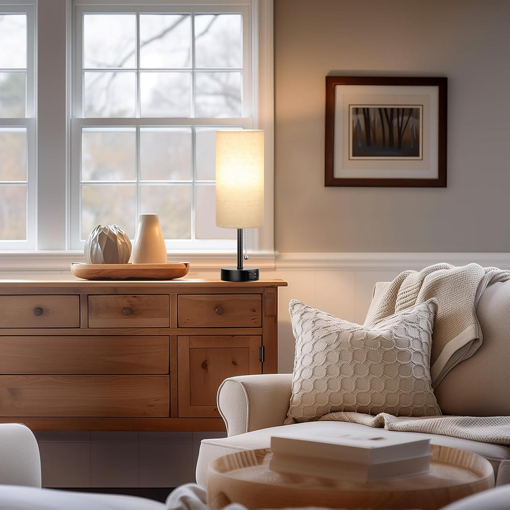 Small Bedside Lamp for Bedroom Nightstand - Table Lamp with USB A + C Charging Port, 3 Color Temperatures Pull Chain Night Stand Light, Side Table Desk Reading Lamp for Living Room/Dorm Room