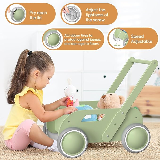 2025 HOMEKOL Wooden Baby Walker,Baby Push Walker, Adjustable Speed Baby Walker for Boys and Girls, Baby Activity Center, Gift for Birthday, Christmas and New Year Nature Green