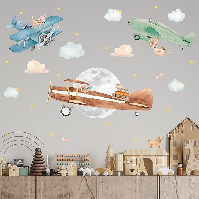 Airplane Wall Decals by Lipastick - Wall Stickers for Boys Room, Watercolor Vintage Plane Stickers for Kids, Baby Nursery, Toddler Bedroom Decor - Premium Vinyl Aircraft Art - S Size