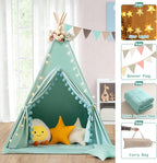 Teepee Tent for Kids with Padded Mat Cotton Canvas Kids Tent with Pompom for Toddlers Indoor Play Tent for Girls Boys with Stars Lights, Carry Bag, Banner Flag (Green)
