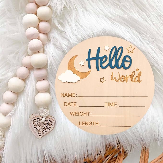 Baby Announcement Sign, 5.9 Inch Wooden Hello World Newborn Signs, Birth Announcement Sign and Pen, Moon and White Cloud Decoration, Welcome Newborn Arrival to World, Hospital Nursery for baby (Dark Blue)