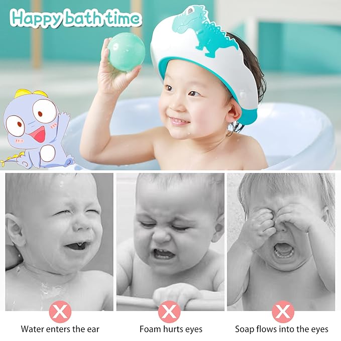 Shower Cap for Kids, Baby Toddler Hair Washing Shield, Visor Hat for Eyes and Ears Protection for 0-9 Years Old Children, Cute shape Shampoo Cap Makes the Baby Bath More Fun (Dinosaur, Blue)