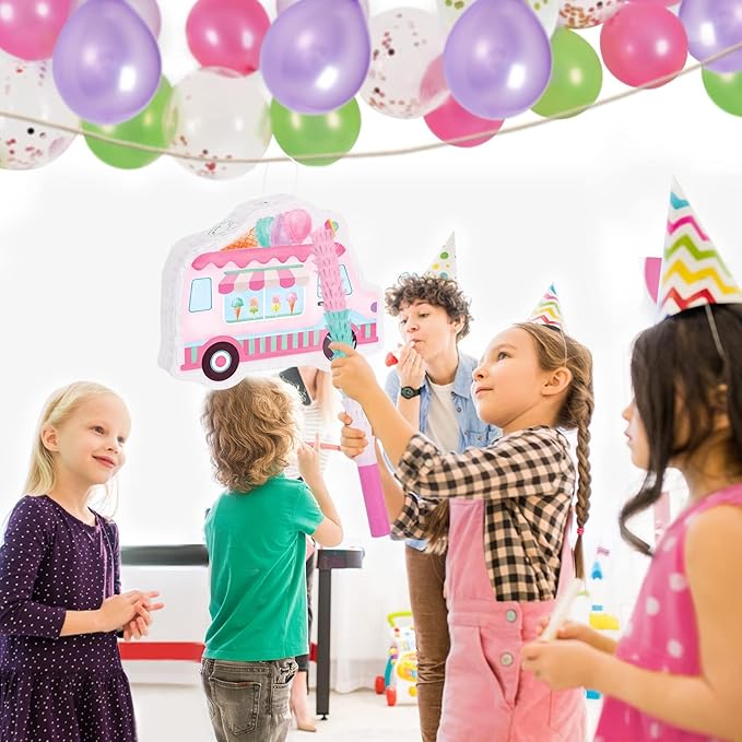 WERNNSAI Ice Cream Piñata -15.7'' x 12.2'' Ice Cream Truck Piñata with Stick and Blindfold Birthday Game for Kids Girls Summer Candy Theme Party Baby Shower School Activities Dessert Party Decorations