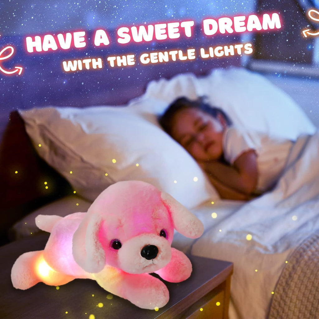 Glow Guards 15'' Pink Light up Puppy Dog Stuffed Animal Soft Plush Toy Pillow with LED Night Lights Pink Glow Bedtime Pal Birthday Children's Day Gifts for Toddler Kids