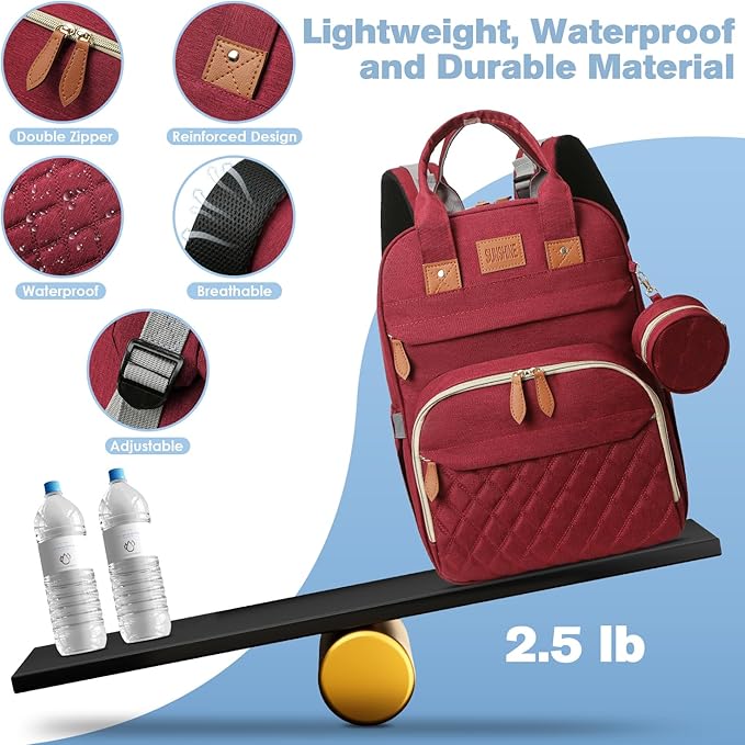 Diaper Bag Backpack, Large Diaper Bag with Changing Station, Baby Bag, New Mom Gifts, Lightweight Waterproof Unisex Diaper Bag with Insulated Pockets and USB Charging Port, Red