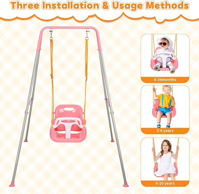 4-in-1 Toddler Swing Set & Baby Jumper and Bouncer for Toddlers, Foldable Baby Swing Stand for Outdoor Indoor Play, Easy to Assemble and Store for Ages 6 Months to 10 Years Old(Pink)