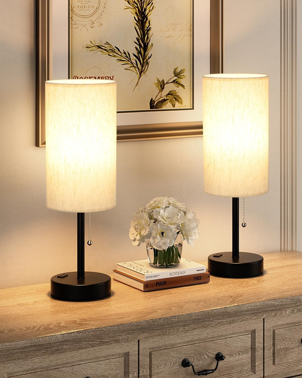 Plus Bedside Table Lamps Set of 2-3 Color Temperatures Pull Chain Lamp with AC Outlet Charging Port, Round Night Stand Lamps for Bedroom Guest Room Office, Bed Side Light with E26 LED Bulbs