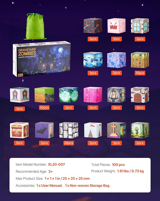 VEVOR Magnetic Blocks, 100 PCS Cemetery Zombies Set, Magnetic Building Cubes for Kids, STEM Montessori Sensory Toys for Christmas Birthday Gift, Construction Stacking Toy for 3+ Years Old Boys & Girls
