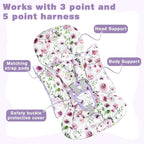 3-in-1 Infant Car Seat Insert, Soft Head and Body Support,Ultra & Strap Covers Set, Reversible Newborn Car Seat Cushion Pad for Baby Boy & Girl fits Stroller, Swing, Bouncer (Purple Flowers)