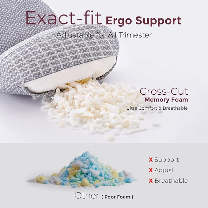 Momcozy Portable Pregnancy Pillow –Memory Foam W Shaped Maternity Great Support for Side Sleepers, Adjustable Travel Wedge Pillow for Back, Belly, and Hip Relief, Ideal for Pregnant Women, Grey