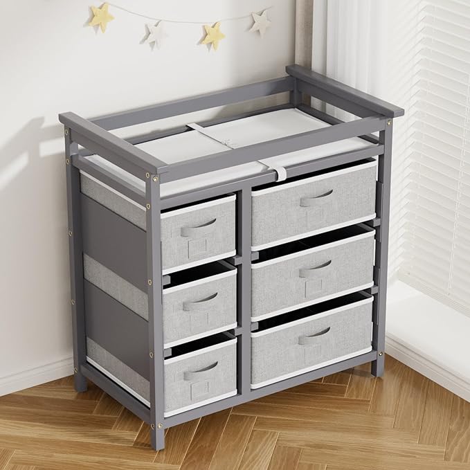 KORIMEFA Modern Baby Changing Table, Diaper Changing Table, with 6 Storage Drawers and Changing Pad, Grey