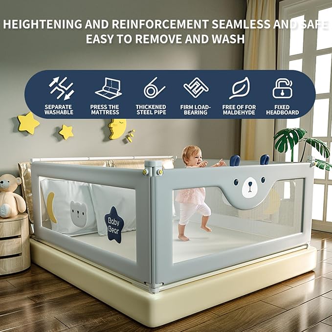 3-Piece U Type Toddler Bed Rails, Folding Baby Bed Guard for Kids, Adjustable, Safety, Convenient Bed Rails, Guard Rail for Twin, Full, Queen& King Size (Pink Cartoon, 74.8x78.74x78.74 Inch)