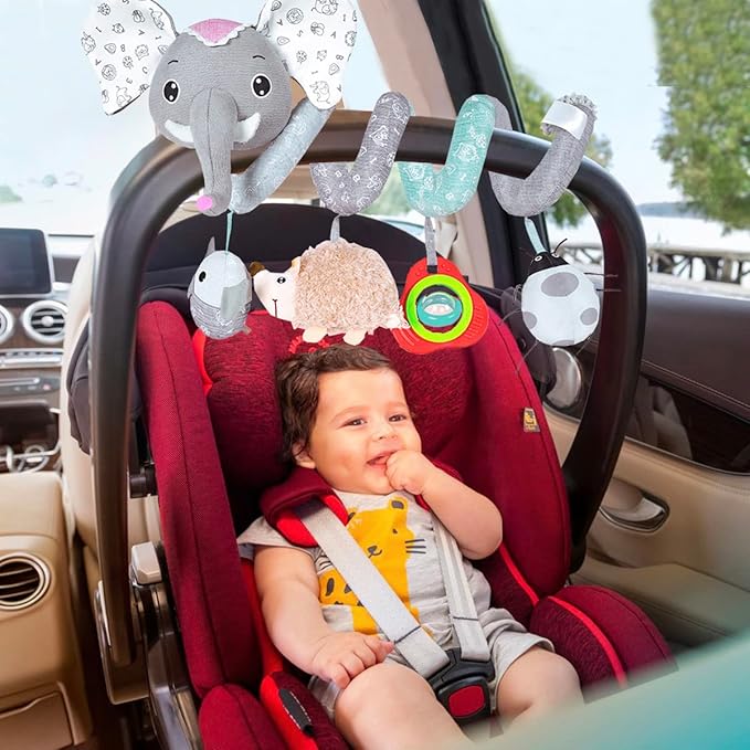 Car Seat Toys, Baby Activity Spiral Hanging Toys for Stroller Car Seat Crib Bar Bassinet Mobile, Musical Elephant Toys for Newborn Infant Boys Girls 0 3 6 12 Months