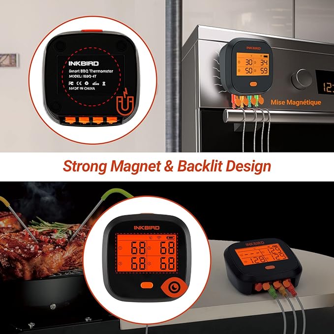 Inkbird WiFi Meat Thermometer for Grilling, Unlimited Rang Rechargeable BBQ Thermometer APP Calibration, Temp Graph Mobile Notification, 4 Colorful Probes Food Thermometer for Pellet Smoker Oven