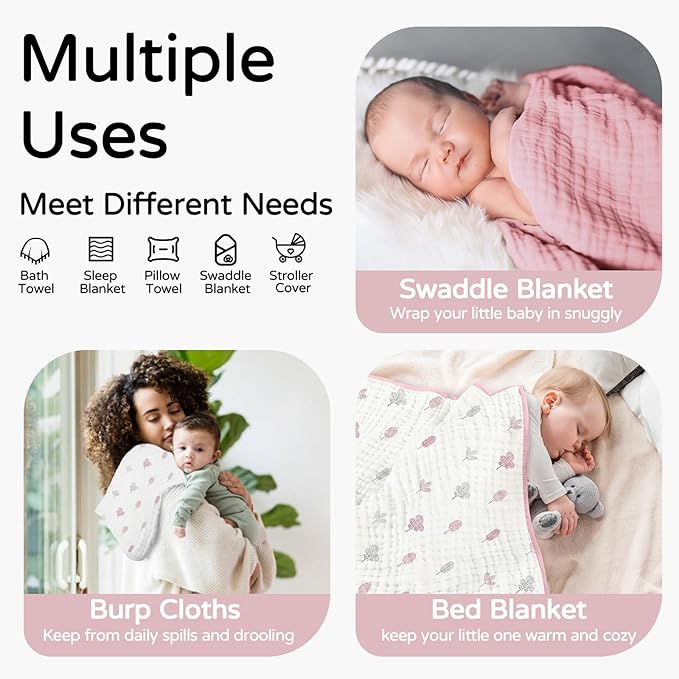 Yoofoss Hooded Baby Towels for Newborn 2 Pack 100% Muslin Organic Cotton Baby Bath Towel with Hood for Babies, Infant, Toddler and Kids, 32x32Inch, Soft and Absorbent Newborn Essential,Pink&Wh Leaf